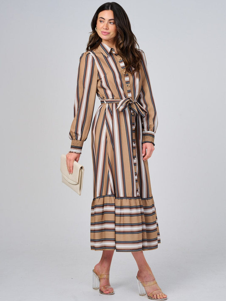 WOMEN'S LONG SLEEVE BUTTON UP FRONT POCKETS COLORBLOCK STRIPES MAXI DRESS