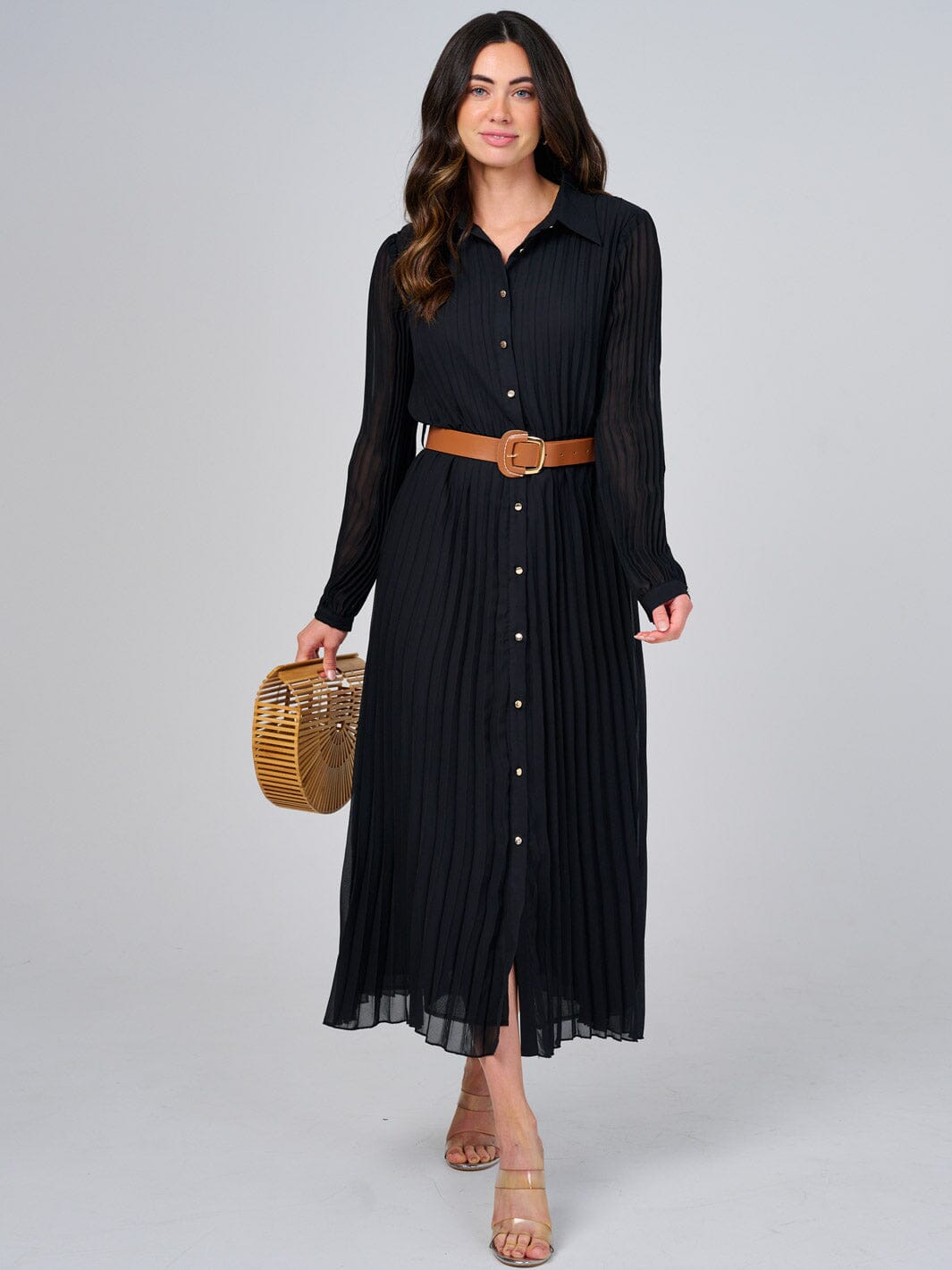 WOMEN'S LONG SLEEVE BUTTON UP BELTED PLEATED MAXI DRESS