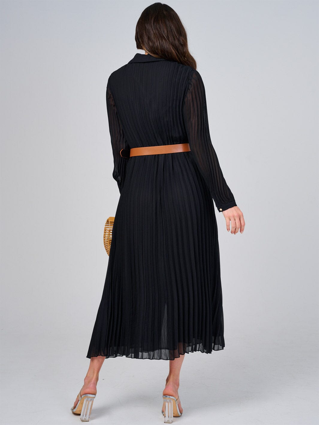 WOMEN'S LONG SLEEVE BUTTON UP BELTED PLEATED MAXI DRESS