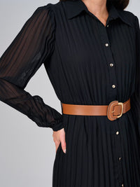 WOMEN'S LONG SLEEVE BUTTON UP BELTED PLEATED MAXI DRESS