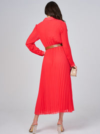 WOMEN'S LONG SLEEVE BUTTON UP BELTED PLEATED MAXI DRESS