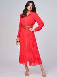 WOMEN'S LONG SLEEVE BUTTON UP BELTED PLEATED MAXI DRESS