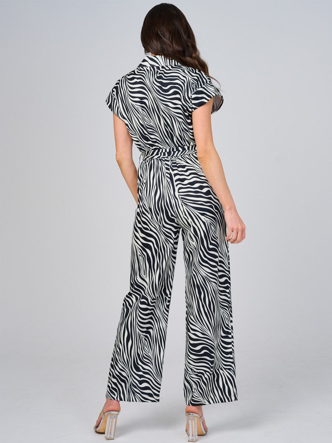 WOMEN'S SHORT SLEEVE BUTTON UP FRONT POCKETS ZEBRA PRINT WIDE LEG JUMPSUIT