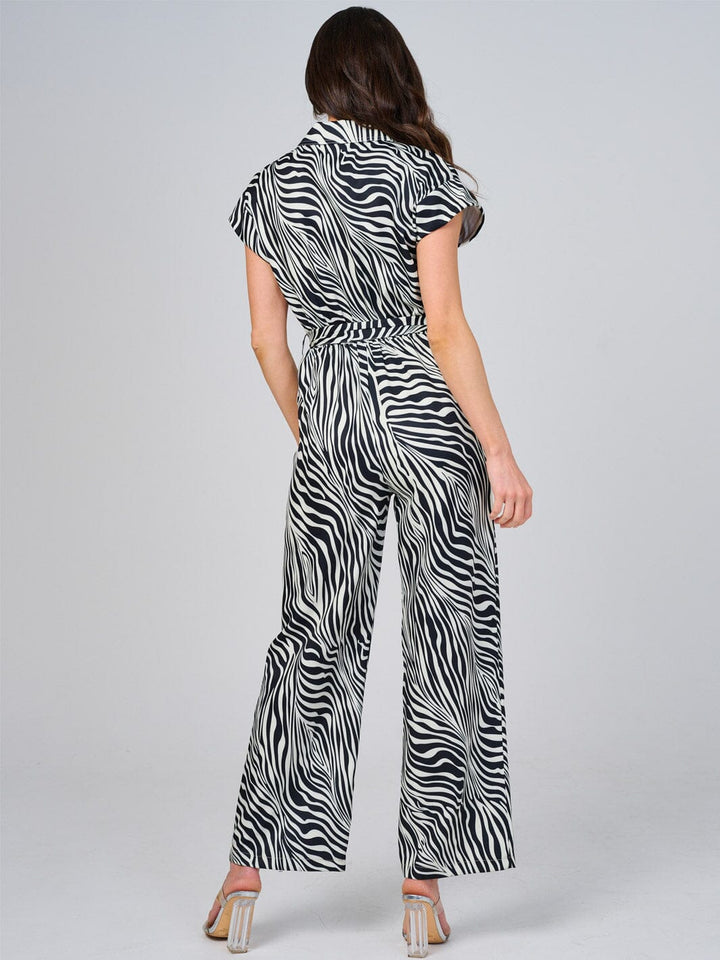 WOMEN'S SHORT SLEEVE BUTTON UP FRONT POCKETS ZEBRA PRINT WIDE LEG JUMPSUIT