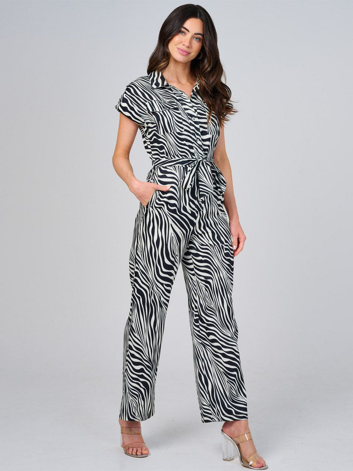 WOMEN'S SHORT SLEEVE BUTTON UP FRONT POCKETS ZEBRA PRINT WIDE LEG JUMPSUIT