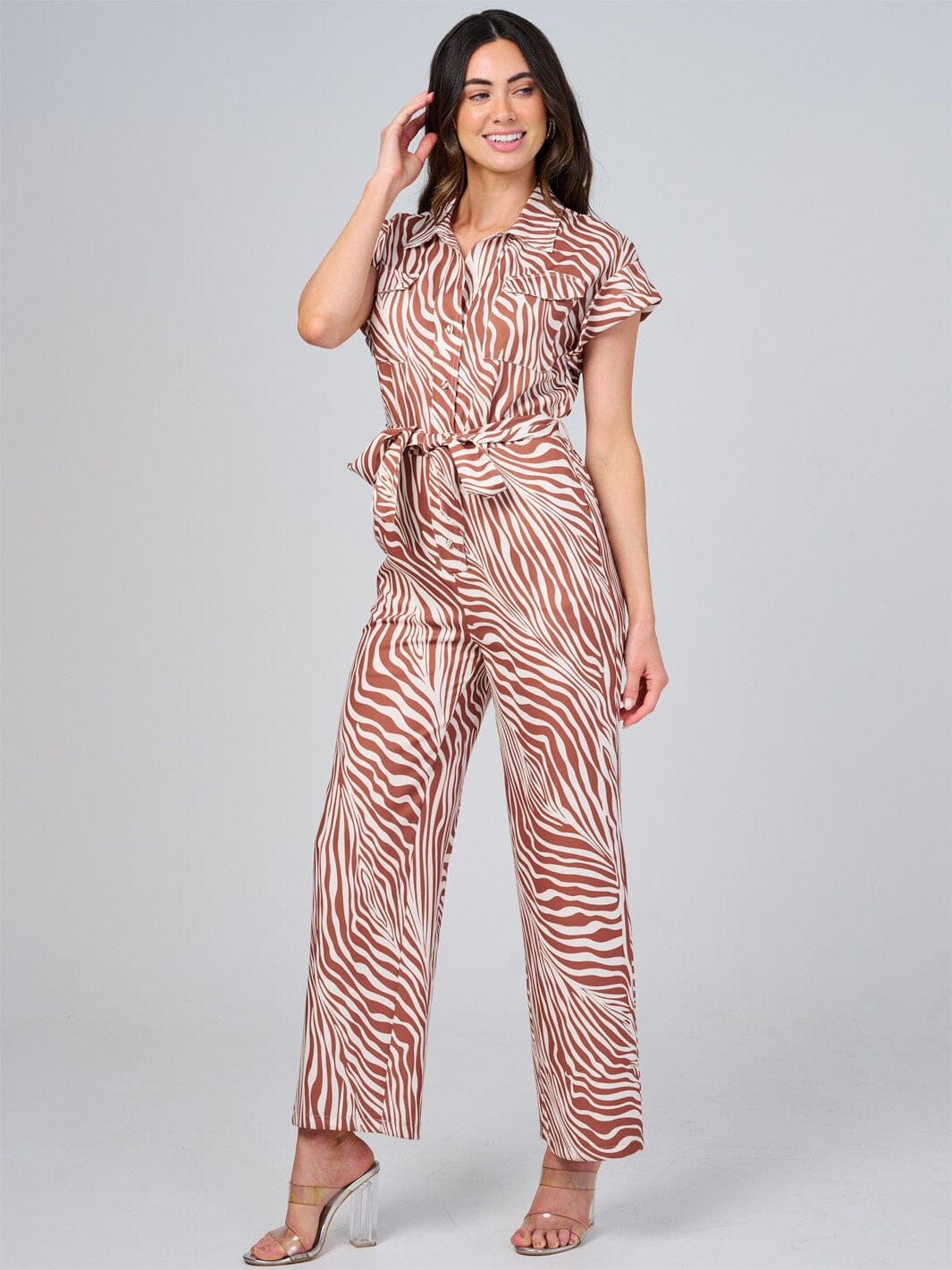 WOMEN'S SHORT SLEEVE BUTTON UP FRONT POCKETS ZEBRA PRINT WIDE LEG JUMPSUIT
