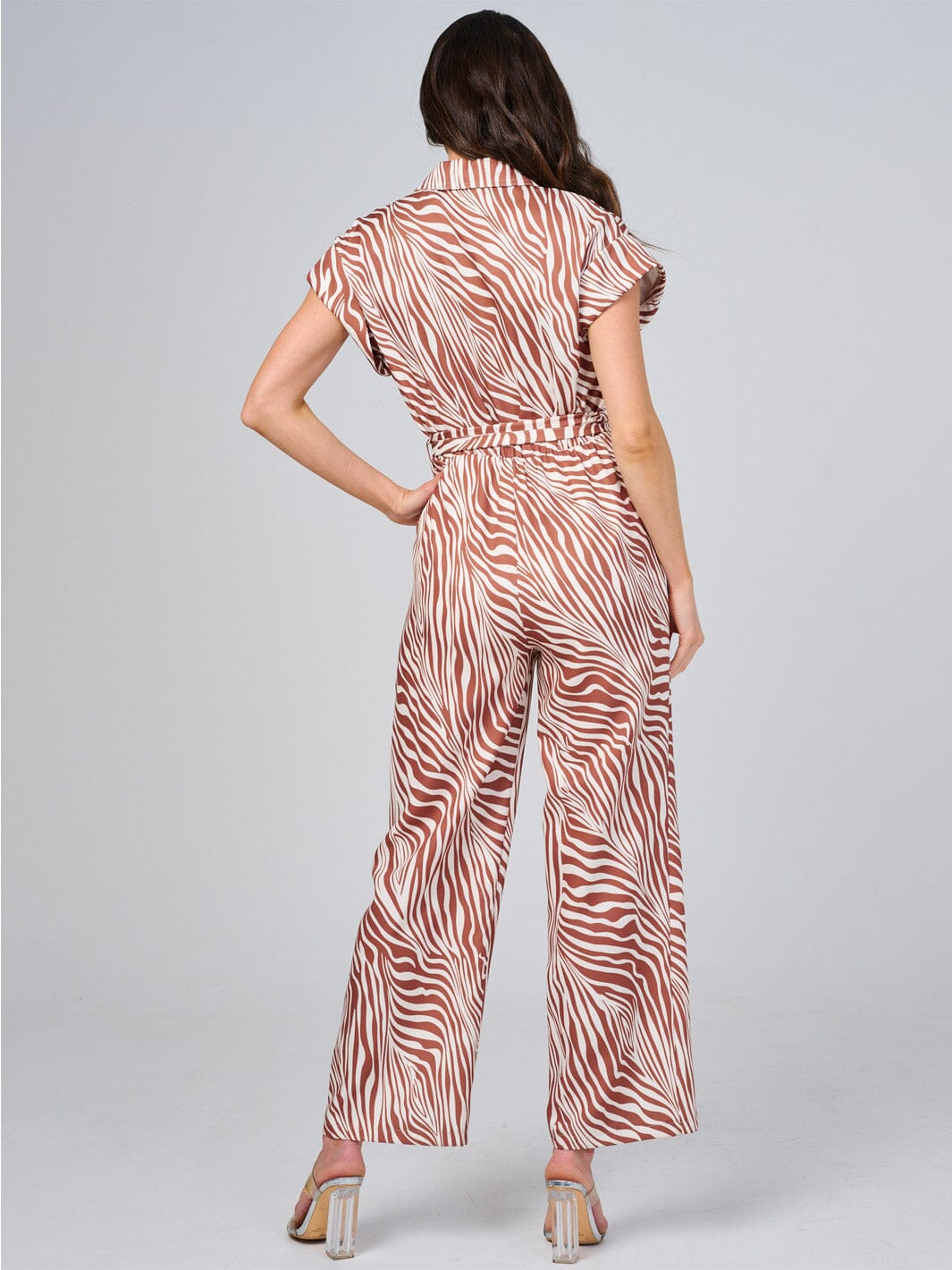 WOMEN'S SHORT SLEEVE BUTTON UP FRONT POCKETS ZEBRA PRINT WIDE LEG JUMPSUIT