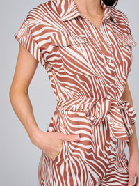 WOMEN'S SHORT SLEEVE BUTTON UP FRONT POCKETS ZEBRA PRINT WIDE LEG JUMPSUIT