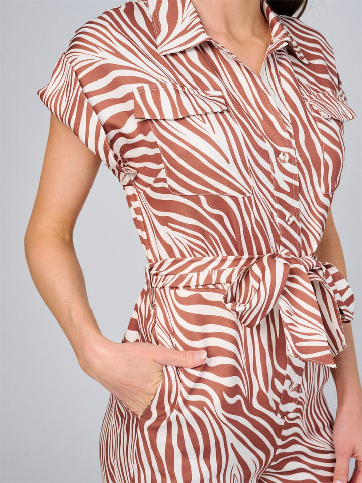 WOMEN'S SHORT SLEEVE BUTTON UP FRONT POCKETS ZEBRA PRINT WIDE LEG JUMPSUIT