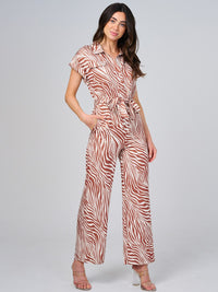WOMEN'S SHORT SLEEVE BUTTON UP FRONT POCKETS ZEBRA PRINT WIDE LEG JUMPSUIT