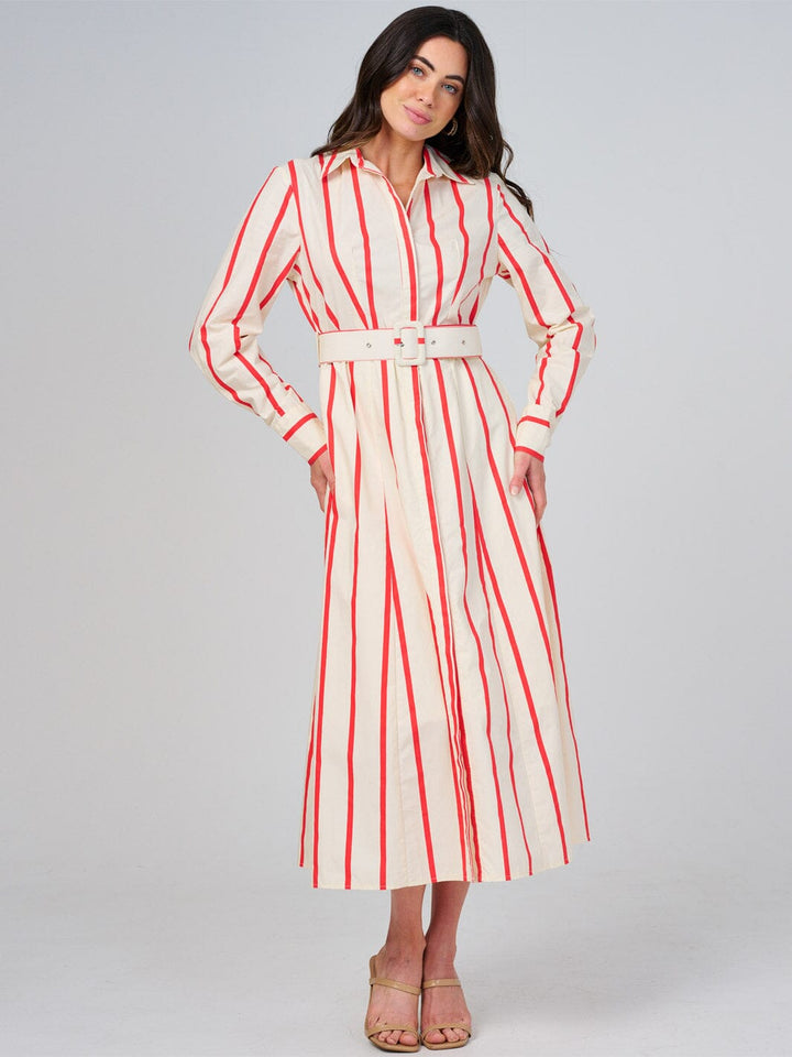 WOMEN'S LONG SLEEVE BUTTON UP FRONT POCKETS BELTED STRIPES MAXI DRESS