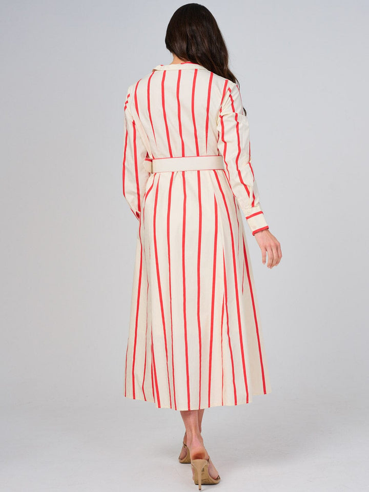 WOMEN'S LONG SLEEVE BUTTON UP FRONT POCKETS BELTED STRIPES MAXI DRESS