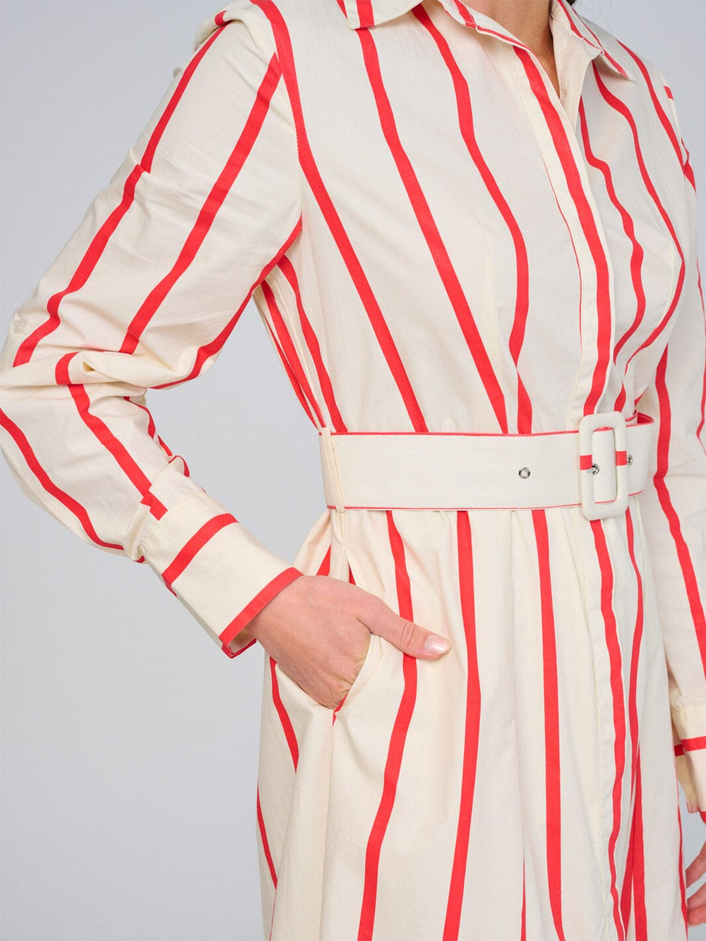 WOMEN'S LONG SLEEVE BUTTON UP FRONT POCKETS BELTED STRIPES MAXI DRESS