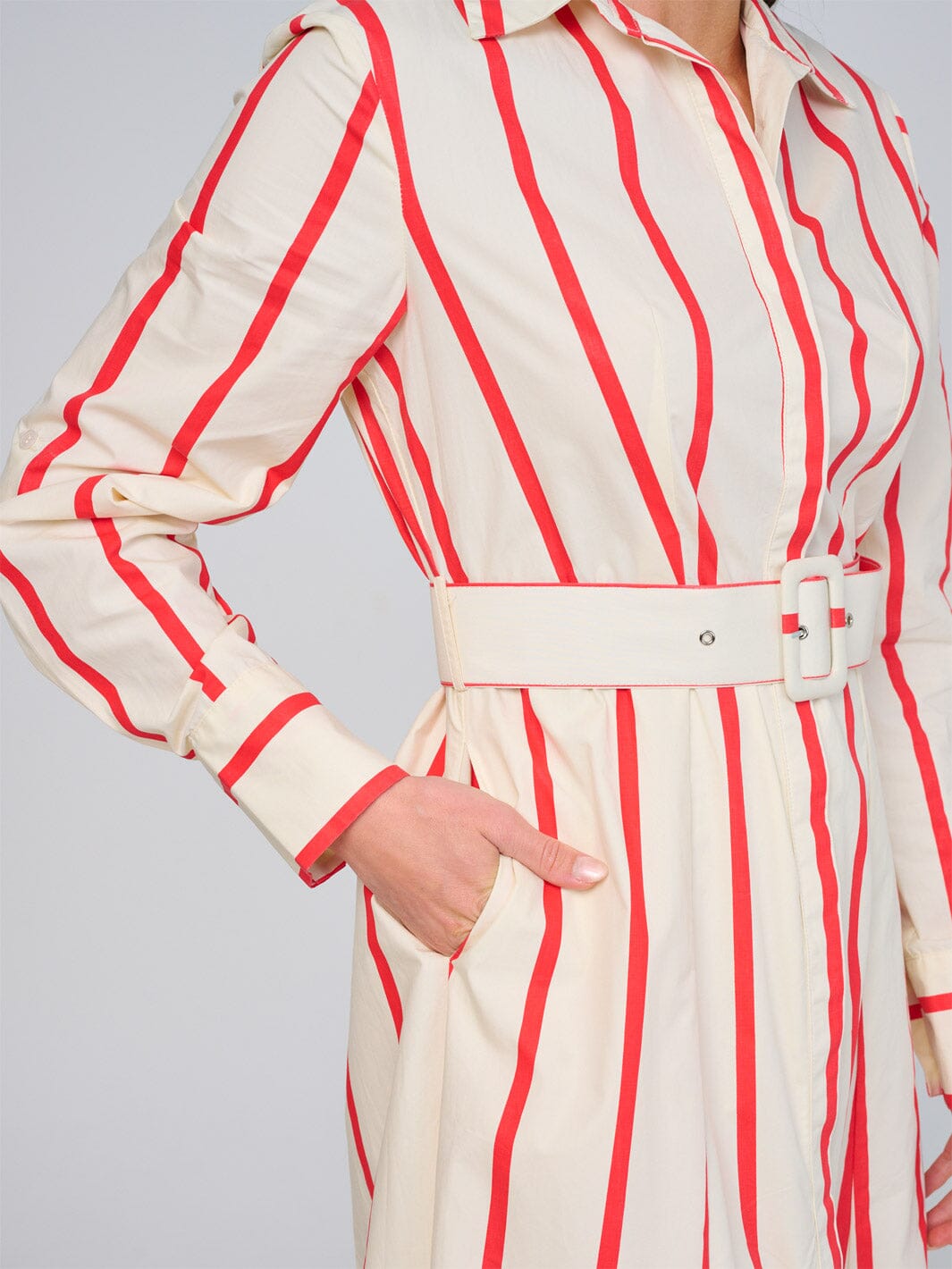 WOMEN'S LONG SLEEVE BUTTON UP FRONT POCKETS BELTED STRIPES MAXI DRESS