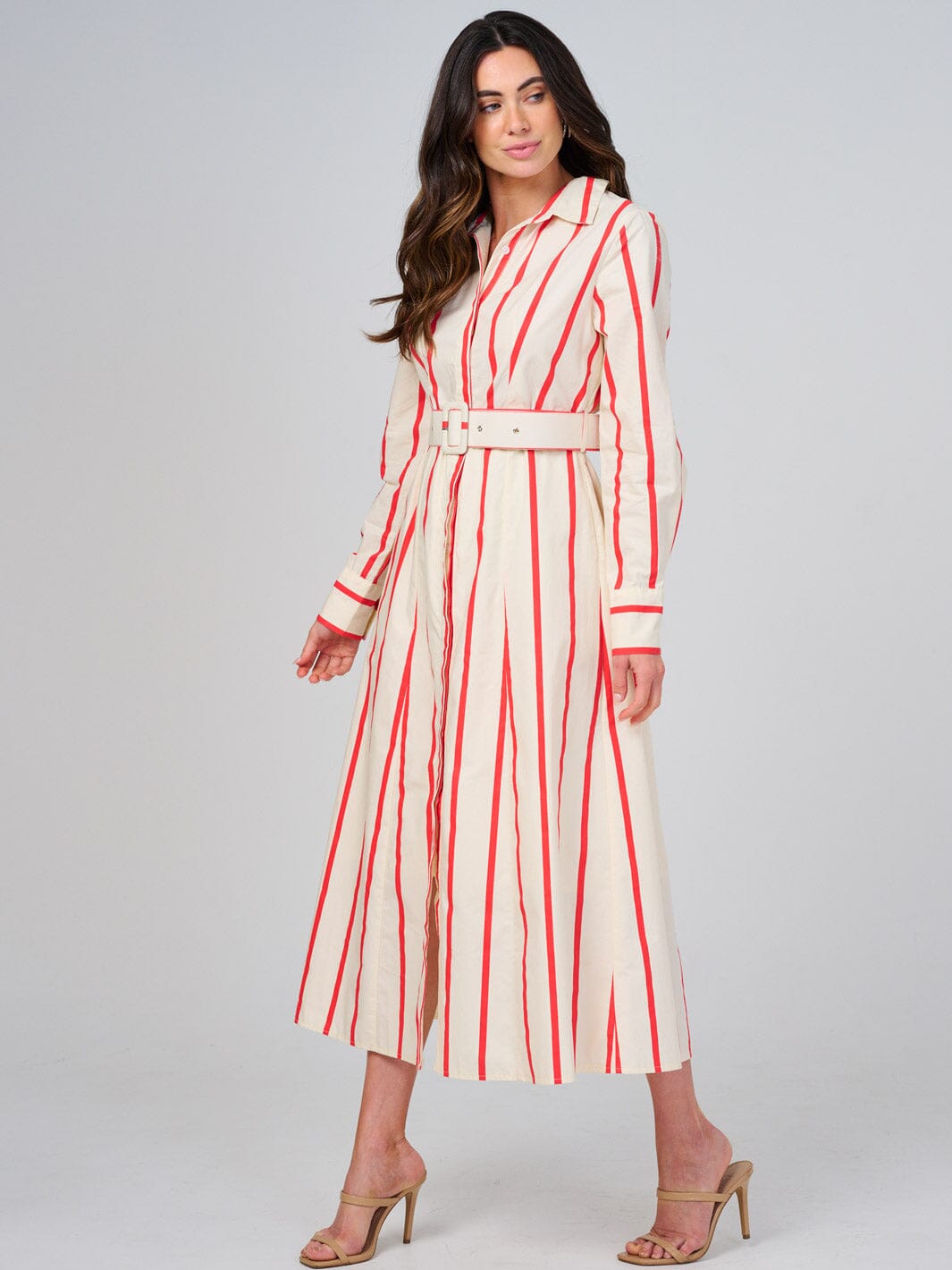 WOMEN'S LONG SLEEVE BUTTON UP FRONT POCKETS BELTED STRIPES MAXI DRESS