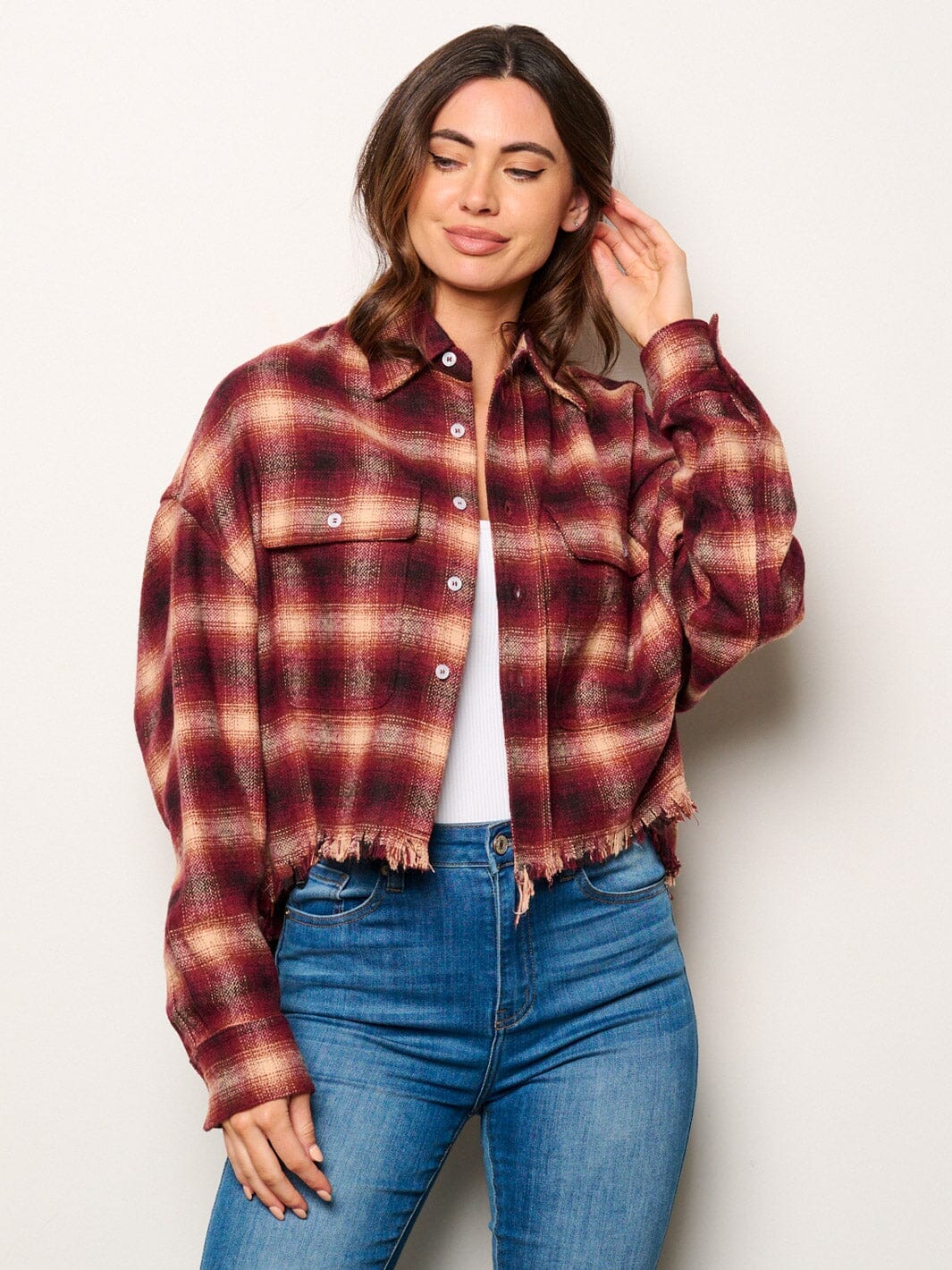 WOMEN'S LONG SLEEVE BUTTON UP PLAID TOP
