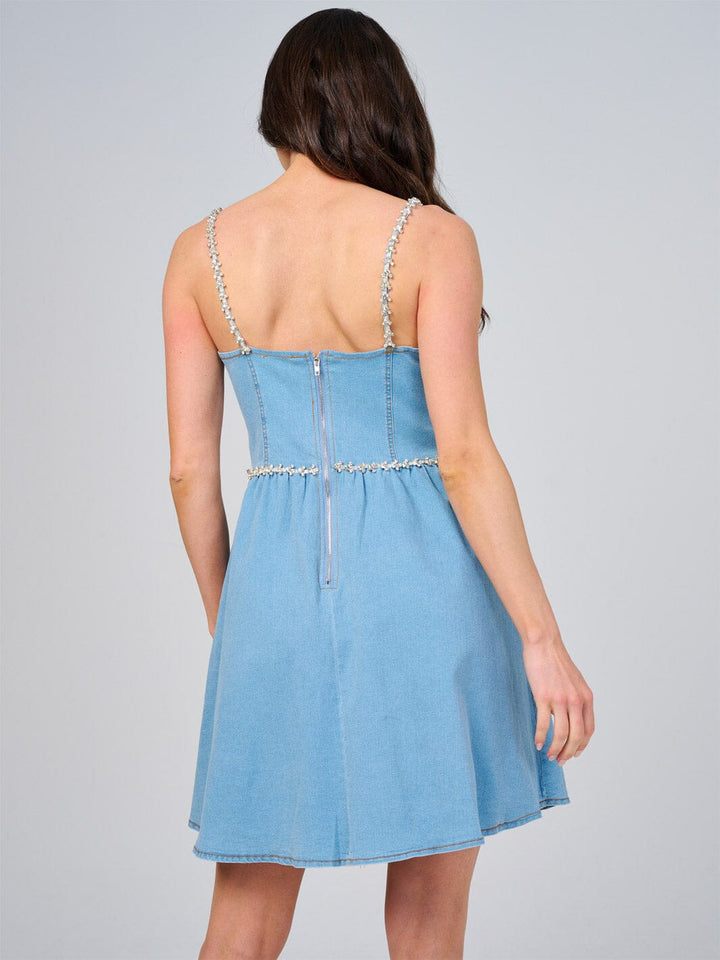 WOMEN'S SLEEVELESS RHINESTONES DETAILED FIT & FLARE DENIM MINI DRESS