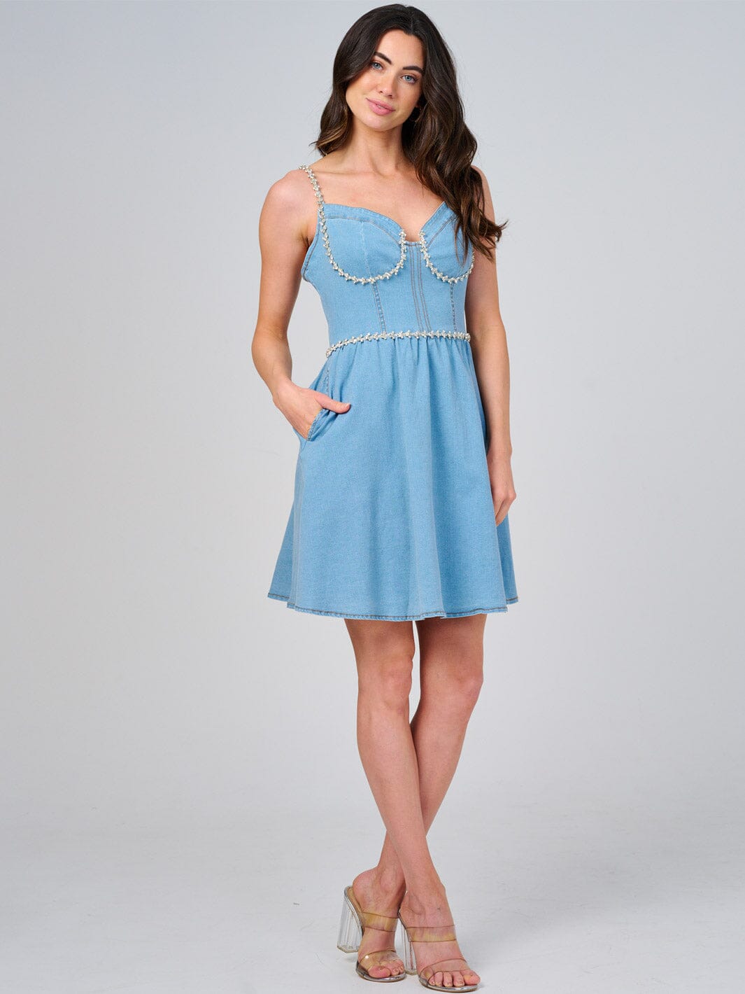WOMEN'S SLEEVELESS RHINESTONES DETAILED FIT & FLARE DENIM MINI DRESS