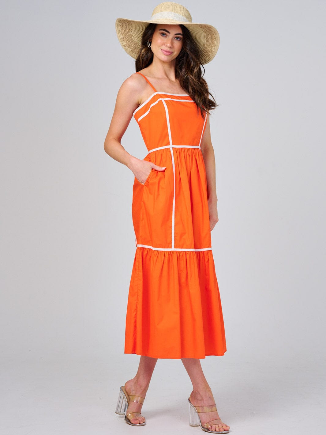 WOMEN'S SLEEVELESS FRONT POCKETS TIERED COLORBLOCK MAXI DRESS
