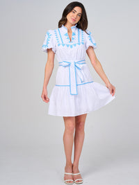 WOMEN'S SHORT SLEEVE V-NECK COLORBLOCK SELF TIE MINI DRESS