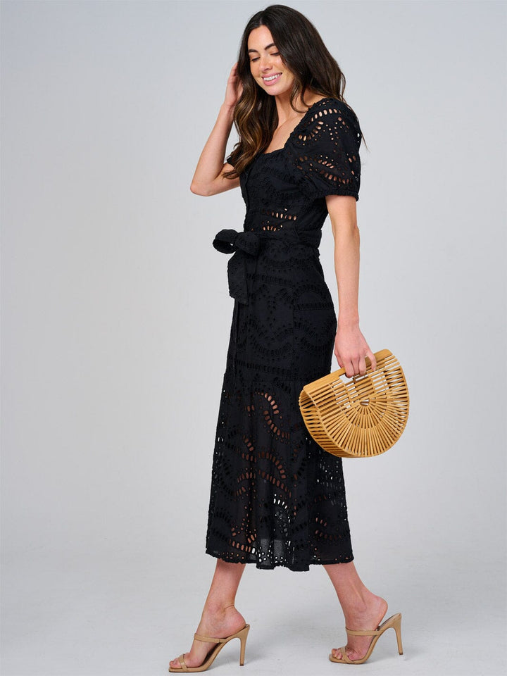 WOMEN'S SHORT SLEEVE SQUARE NECK BUTTON UP EYELET MAXI DRESS
