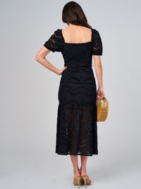 WOMEN'S SHORT SLEEVE SQUARE NECK BUTTON UP EYELET MAXI DRESS