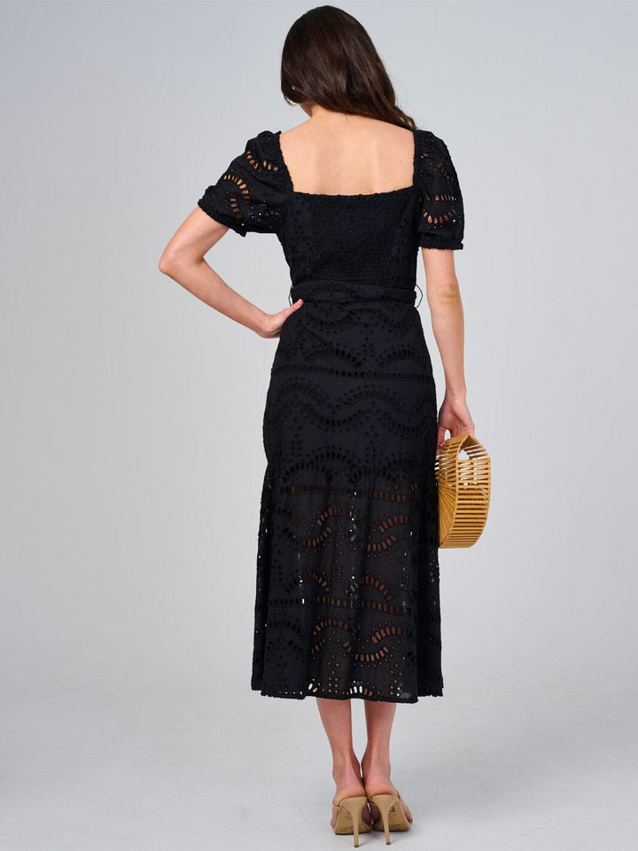 WOMEN'S SHORT SLEEVE SQUARE NECK BUTTON UP EYELET MAXI DRESS