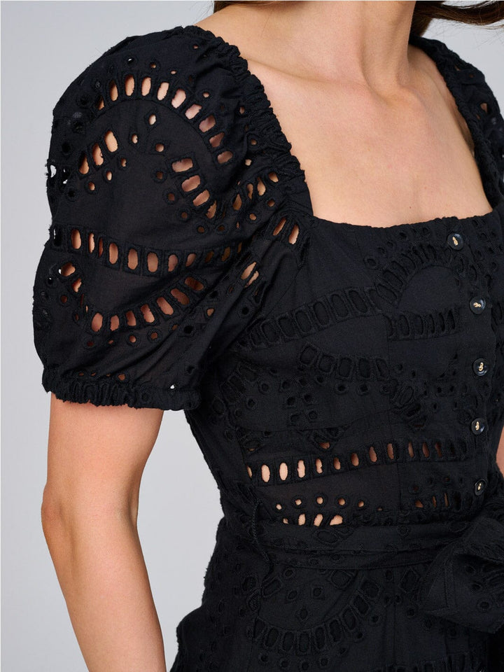 WOMEN'S SHORT SLEEVE SQUARE NECK BUTTON UP EYELET MAXI DRESS