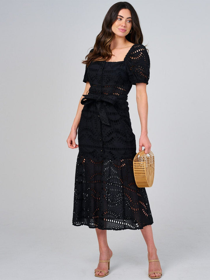 WOMEN'S SHORT SLEEVE SQUARE NECK BUTTON UP EYELET MAXI DRESS