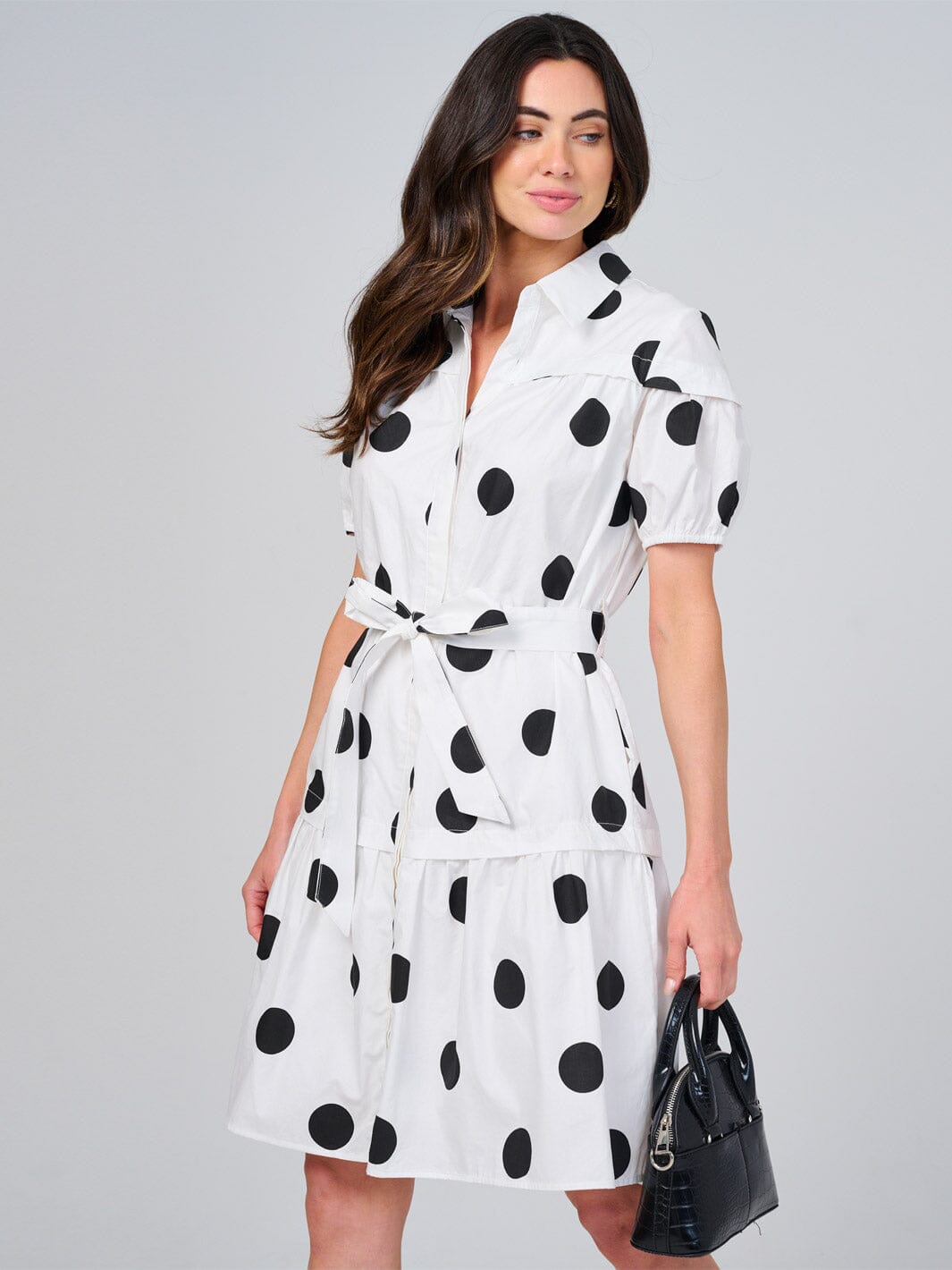 WOMEN'S SHORT SLEEVE BUTTON UP SELF TIE FRONT POCKETS POLKA DOTS MINI DRESS