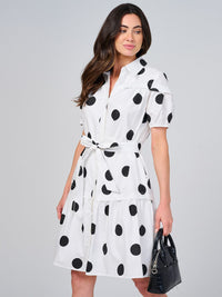WOMEN'S SHORT SLEEVE BUTTON UP SELF TIE FRONT POCKETS POLKA DOTS MINI DRESS