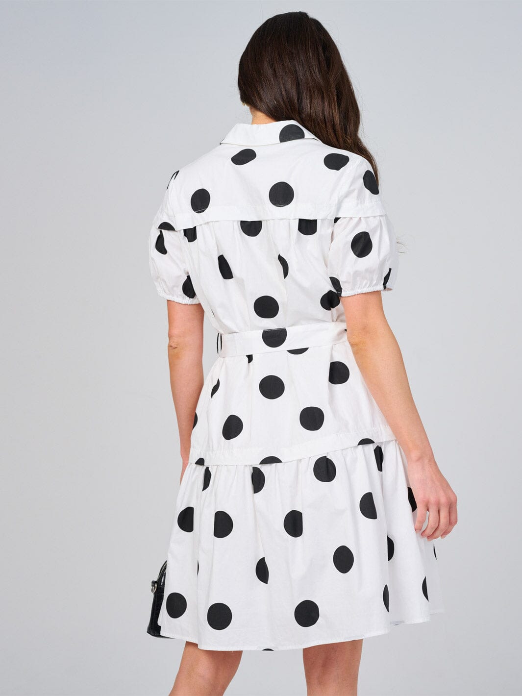 WOMEN'S SHORT SLEEVE BUTTON UP SELF TIE FRONT POCKETS POLKA DOTS MINI DRESS