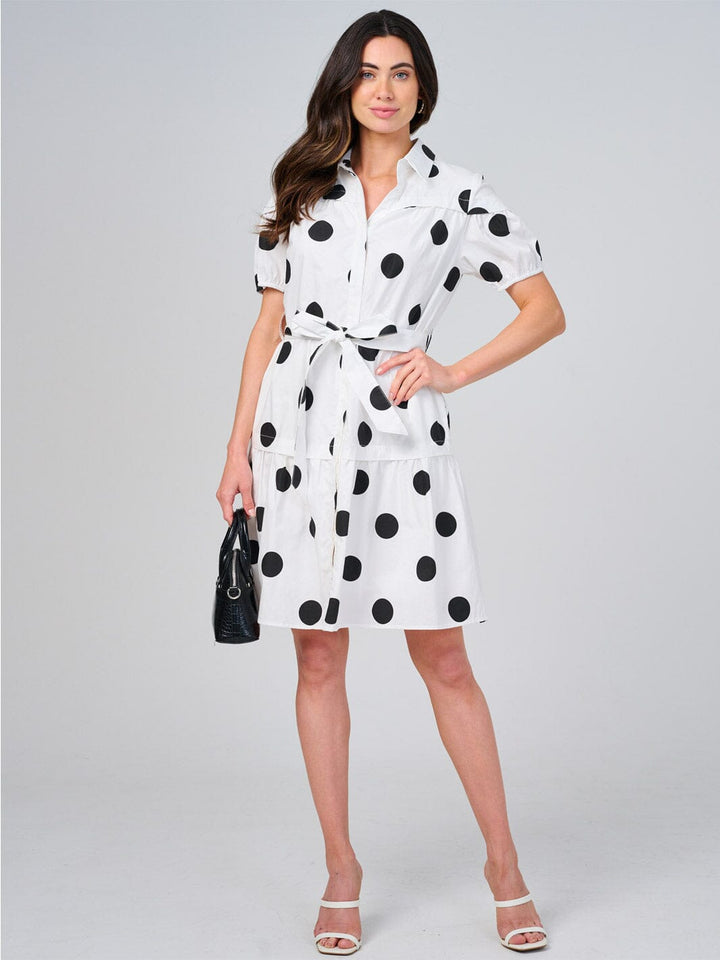 WOMEN'S SHORT SLEEVE BUTTON UP SELF TIE FRONT POCKETS POLKA DOTS MINI DRESS