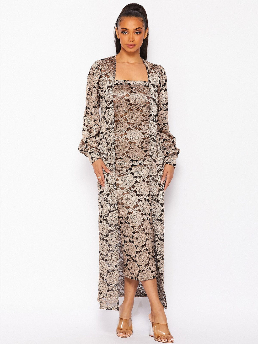 WOMEN'S LONG SLEEVE CARDIGAN & SLEEVELESS BODYCON LACE SEQUINS MAXI DRESS 2PC. SET