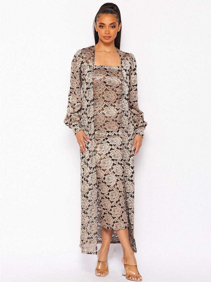 WOMEN'S LONG SLEEVE CARDIGAN & SLEEVELESS BODYCON LACE SEQUINS MAXI DRESS 2PC. SET