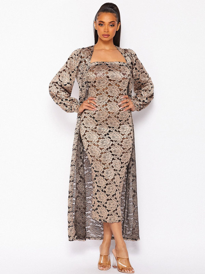 WOMEN'S LONG SLEEVE CARDIGAN & SLEEVELESS BODYCON LACE SEQUINS MAXI DRESS 2PC. SET