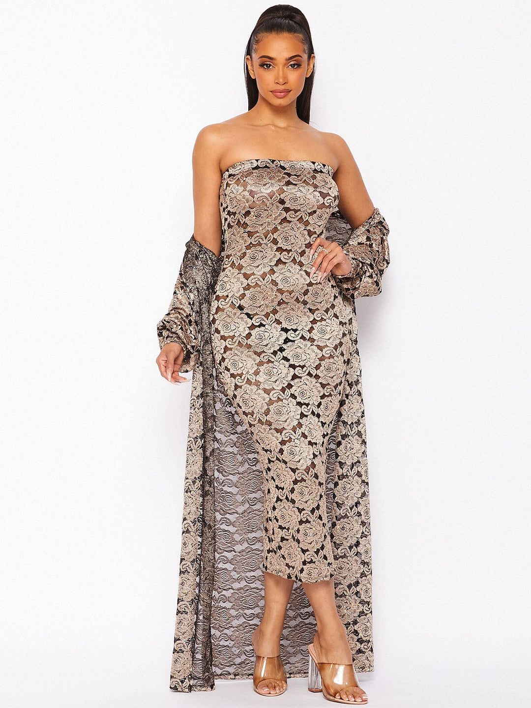 WOMEN'S LONG SLEEVE CARDIGAN & SLEEVELESS BODYCON LACE SEQUINS MAXI DRESS 2PC. SET