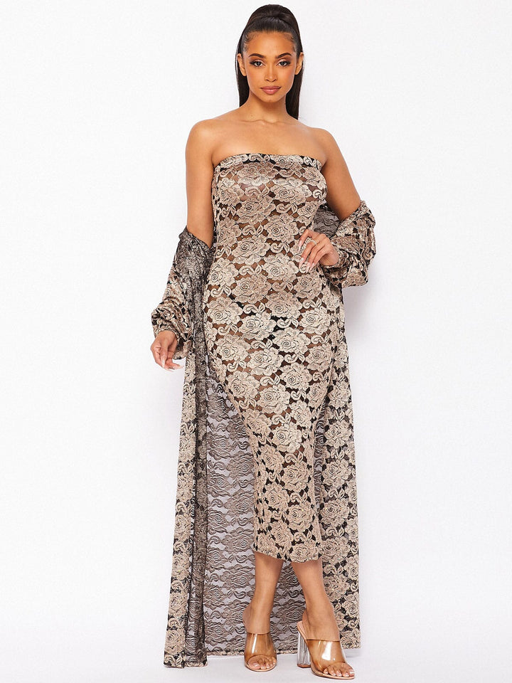 WOMEN'S LONG SLEEVE CARDIGAN & SLEEVELESS BODYCON LACE SEQUINS MAXI DRESS 2PC. SET