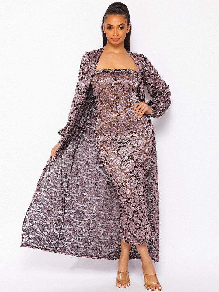 WOMEN'S LONG SLEEVE CARDIGAN & SLEEVELESS BODYCON LACE SEQUINS MAXI DRESS 2PC. SET