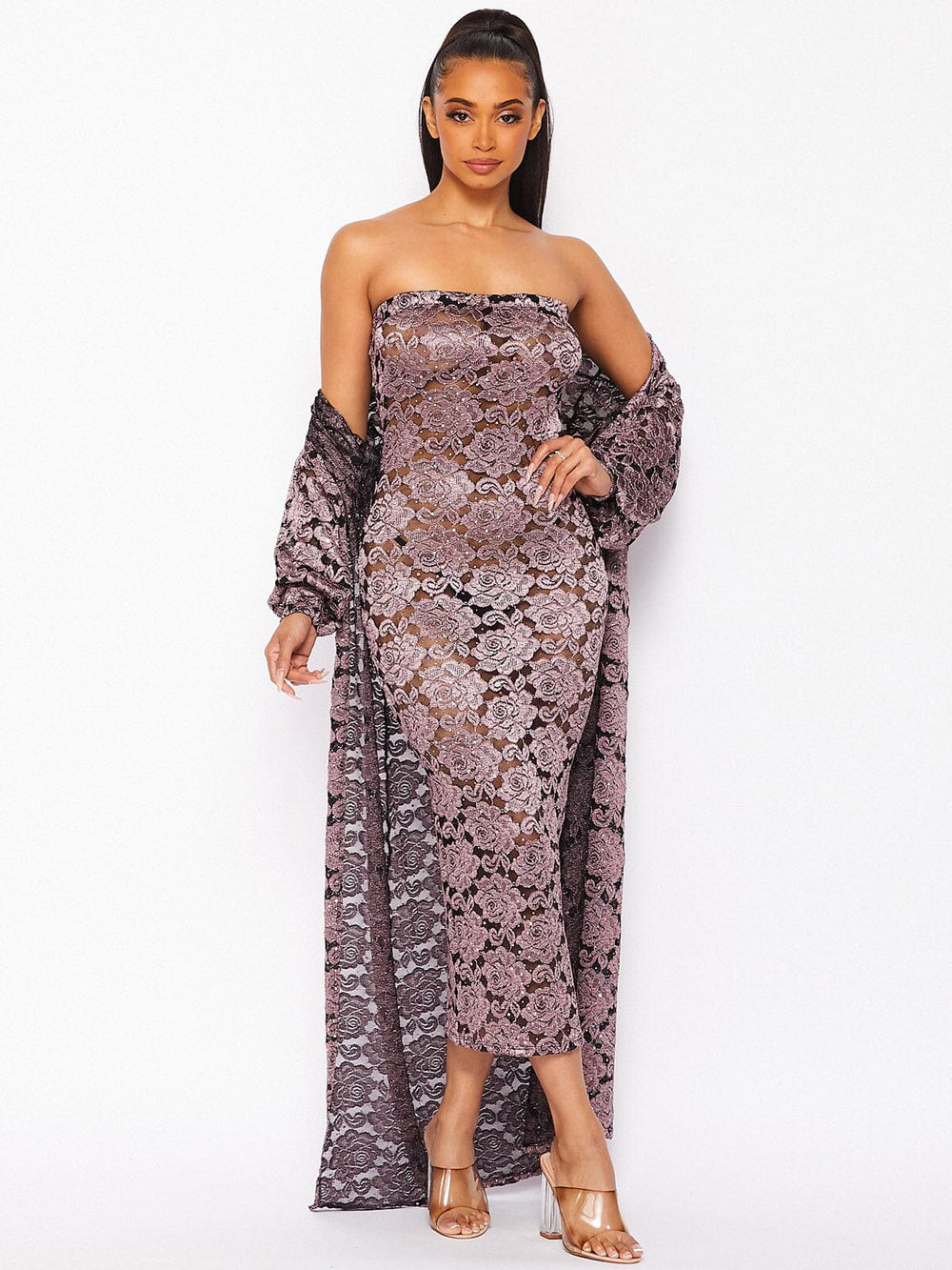 WOMEN'S LONG SLEEVE CARDIGAN & SLEEVELESS BODYCON LACE SEQUINS MAXI DRESS 2PC. SET