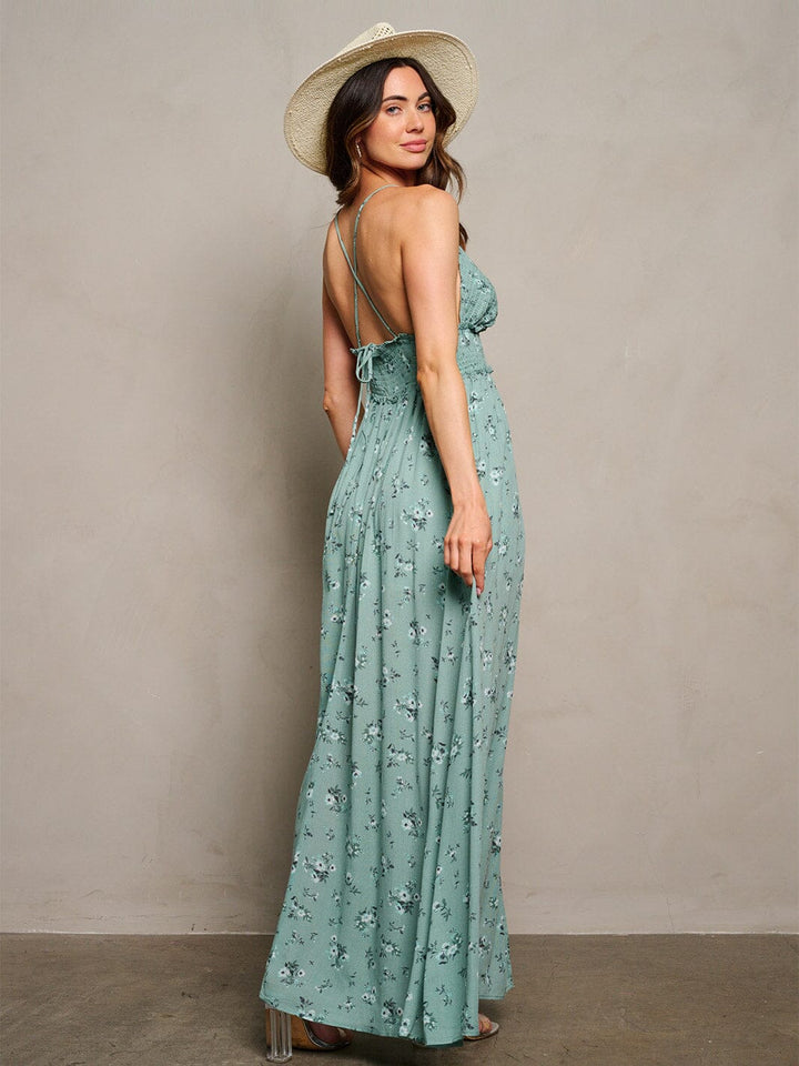 WOMEN'S SLEEVELESS V-NECK OPEN BACK FRONT SLIT FLORAL MAXI DRESS