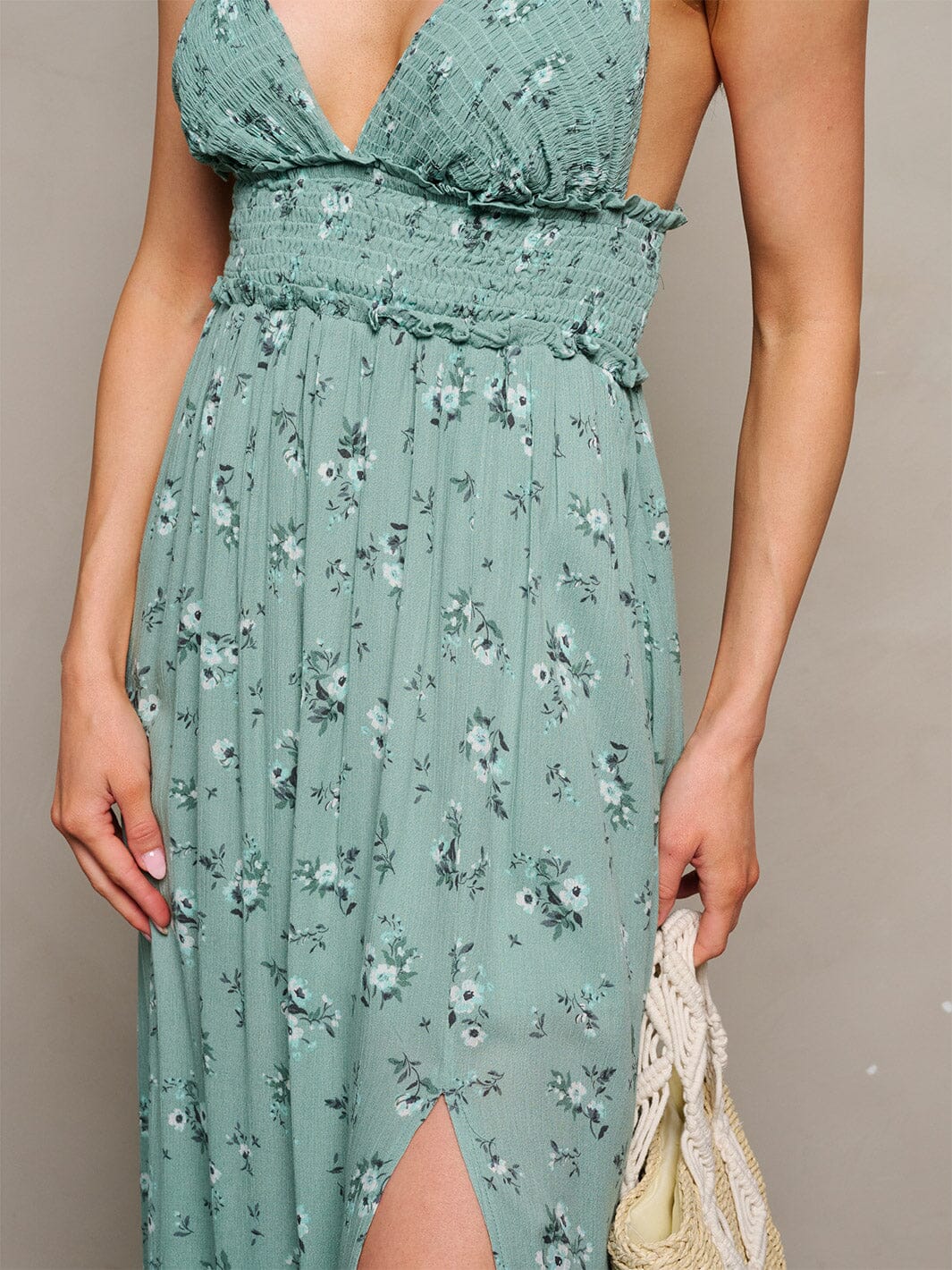 WOMEN'S SLEEVELESS V-NECK OPEN BACK FRONT SLIT FLORAL MAXI DRESS