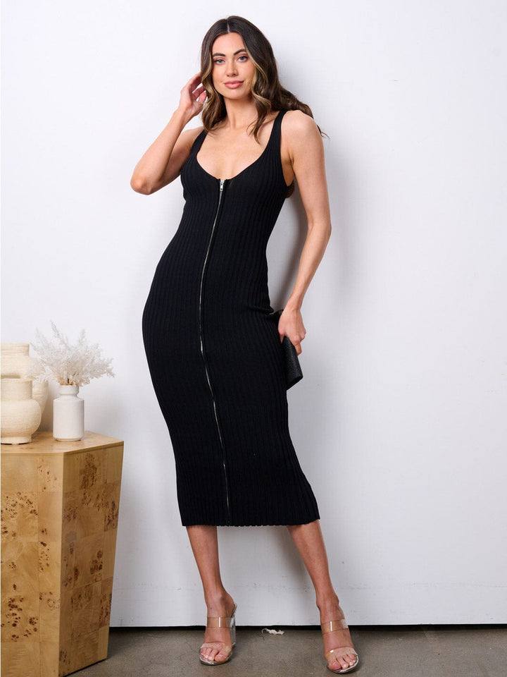 WOMEN'S SLEEVELESS ZIP UP BODYCON RIBBED MIDI DRESS