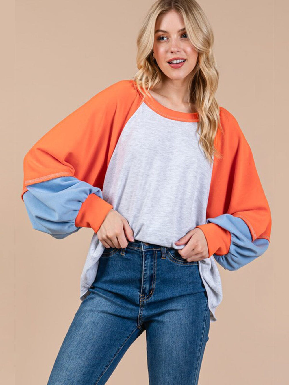 WOMEN'S LONG SLEEVE LOOSE FIT COLORBLOCK TOP