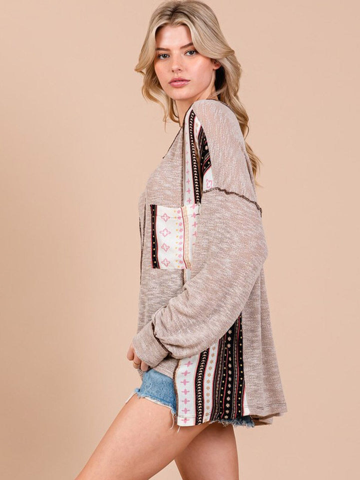 WOMEN'S LONG SLEEVE FRONT POCKET HIGH-LOW MULTI PRINT TOP