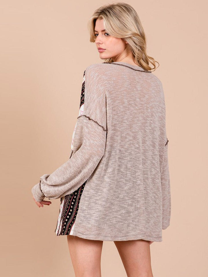 WOMEN'S LONG SLEEVE FRONT POCKET HIGH-LOW MULTI PRINT TOP