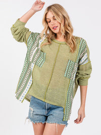 WOMEN'S LONG SLEEVE FRONT POCKET HIGH-LOW MULTI PRINT TOP