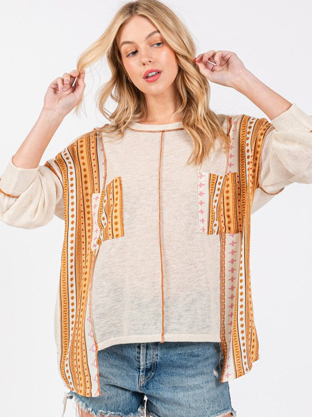 WOMEN'S LONG SLEEVE FRONT POCKET HIGH-LOW MULTI PRINT TOP