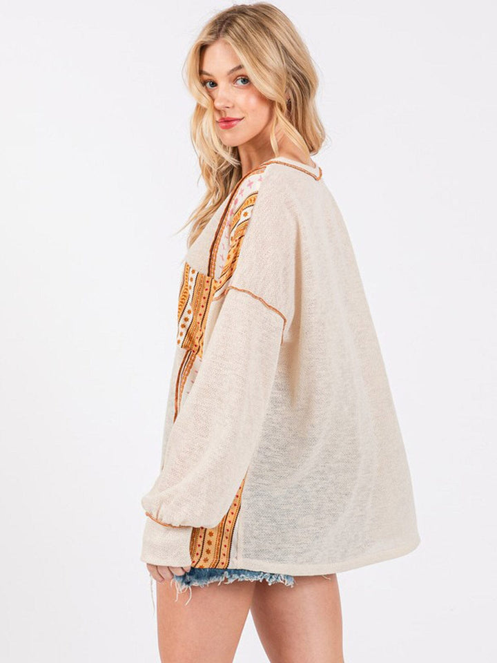 WOMEN'S LONG SLEEVE FRONT POCKET HIGH-LOW MULTI PRINT TOP