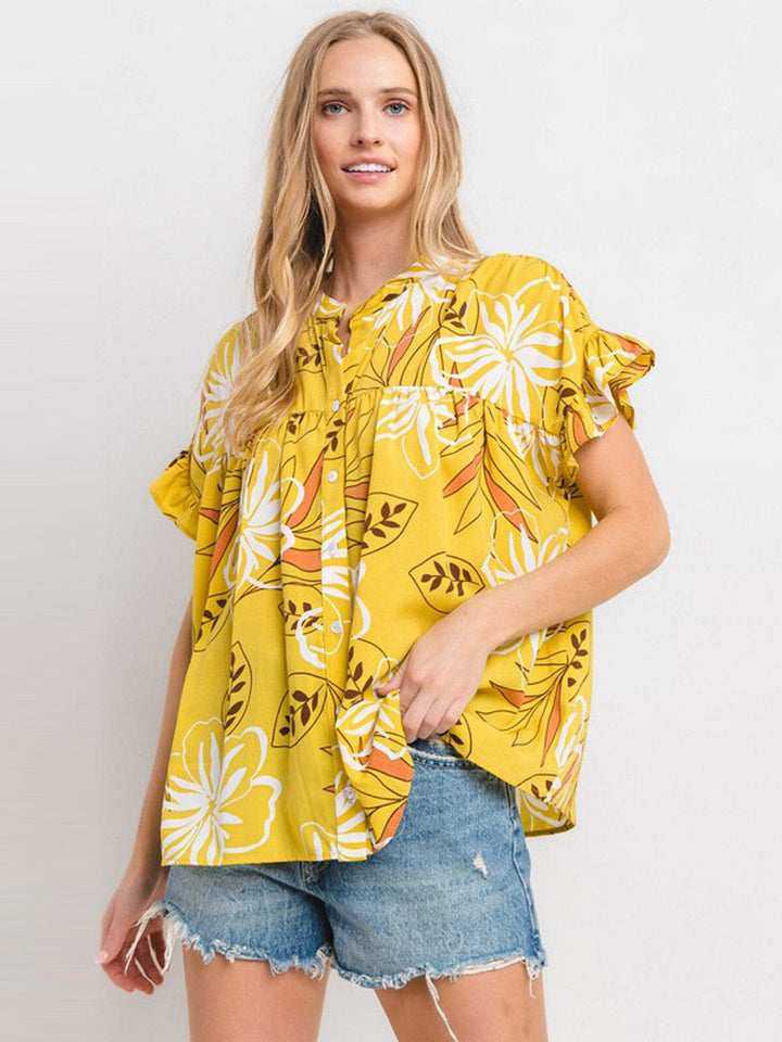 WOMEN'S SHORT SLEEVE TUNIC FLORAL BLOUSE TOP